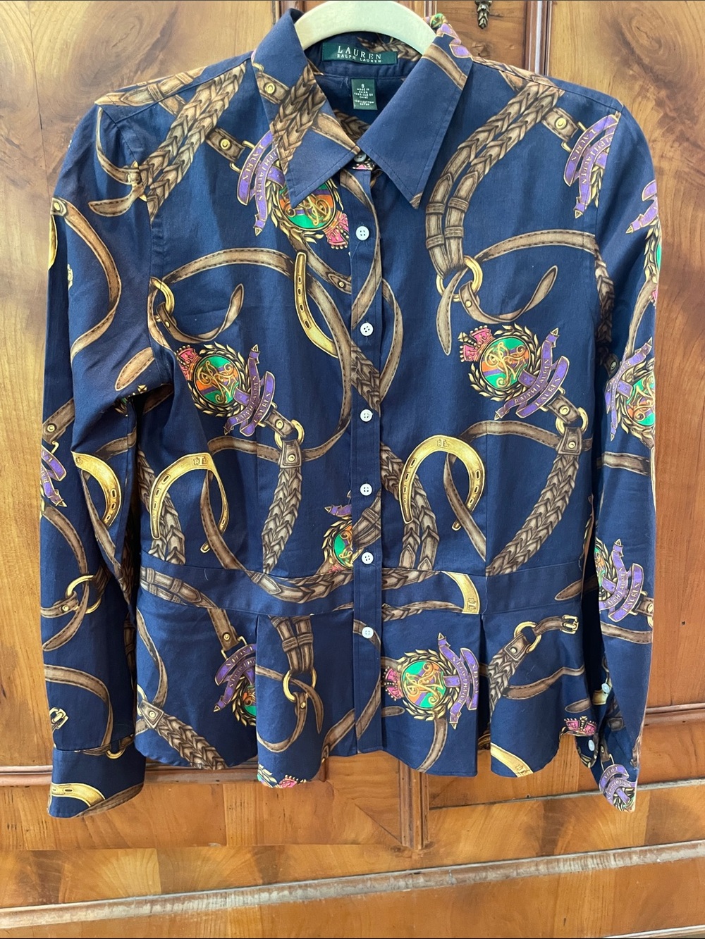Lauren Ralph Lauren Navy Button-Up Shirt with Gold & Multicolor Equestrian Print